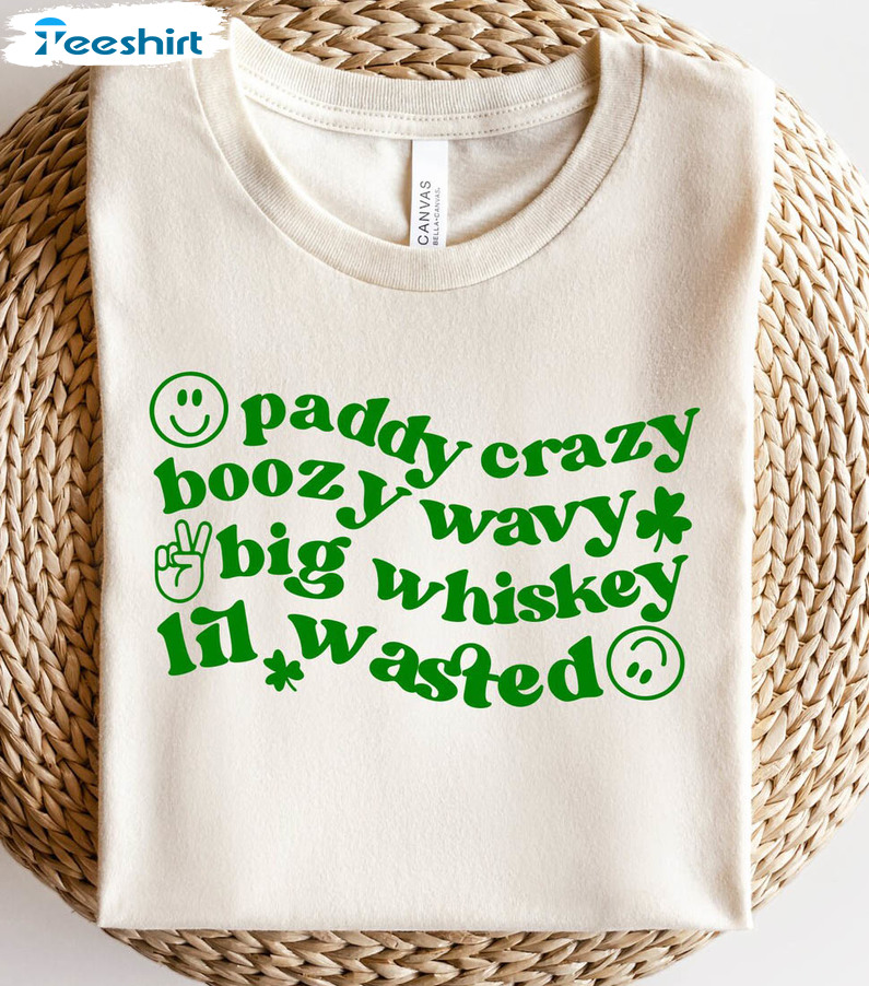 Vintage Paddy Crazy Boozy Wavy Shirt, Smile Face Big Whiskey Lil Wasted Sweatshirt Short Sleeve