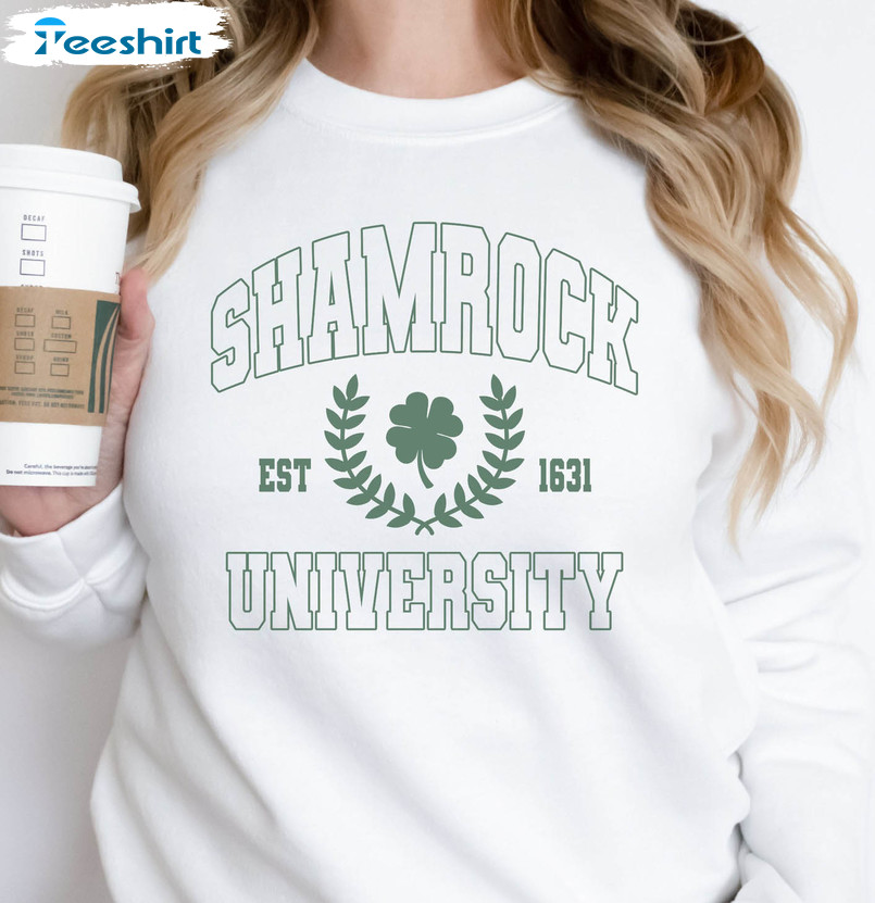 Shamrock University St Patricks Day Shirt, Vintage Irish Parade Short Sleeve Sweatshirt