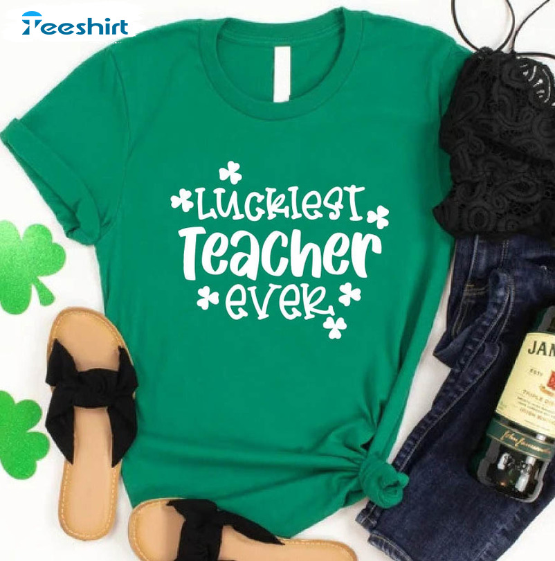 Vintage Luckiest Teacher Ever Shirt, St Patricks Day Teacher Unisex Hoodie Long Sleeve