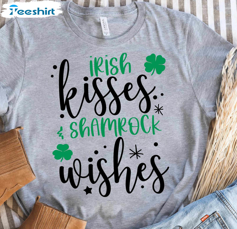 Irish Kisses And Shamrock Wishes Funny Shirt, St Patricks Day Long Sleeve Unisex Hoodie