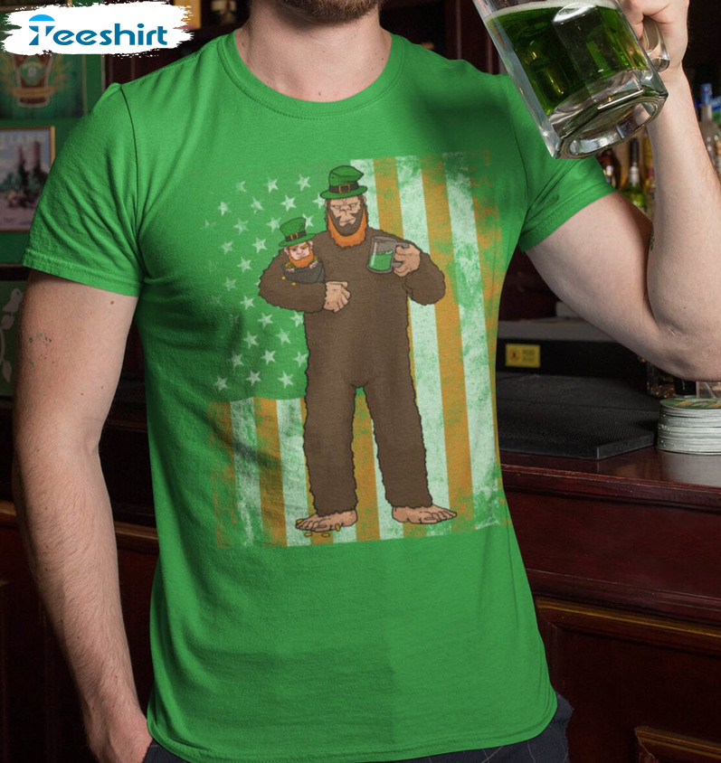 Irish American St Patrick Day Shirt, Funny Irish Bigfoot Leprechaun Long Sleeve Unisex Hoodie