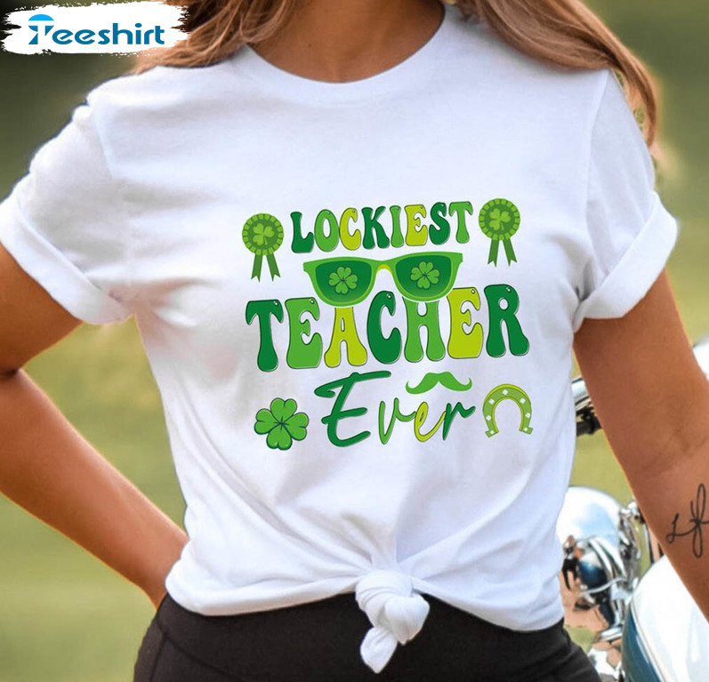 Luckiest Teacher Ever Funny Shirt, Teachers Shamrock Short Sleeve Tee Tops