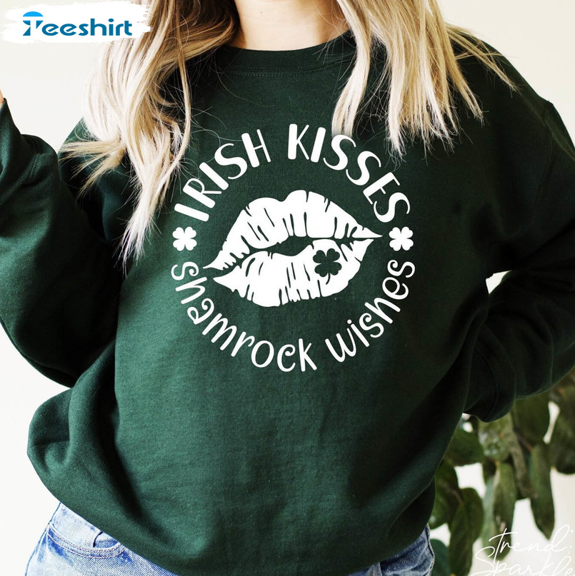 Irish Kisses Shamrock Wishes Vintage Shirt, Lips Kiss Crewneck Unisex Hoodie