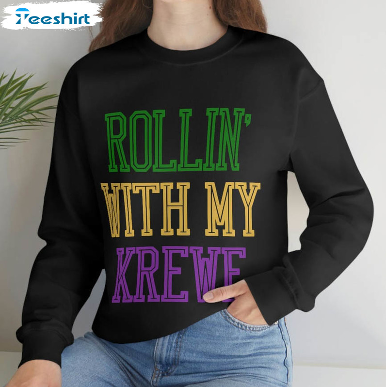 Rollin With My Krewe Sweatshirt, Mardi Gras Louisiana Unisex Hoodie Short Sleeve