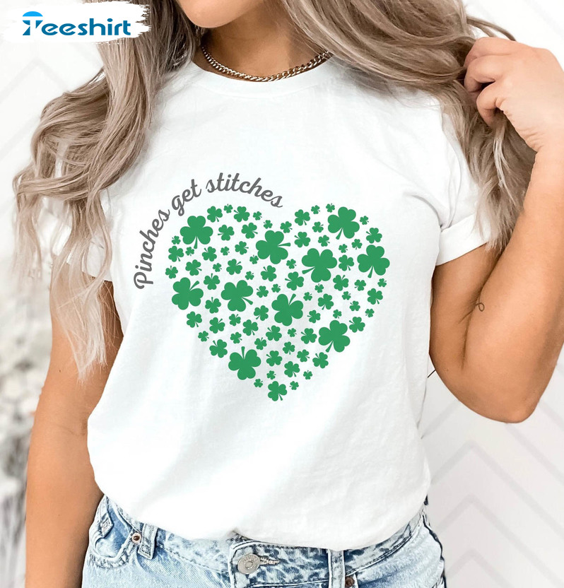 Pinches Get Stitches Green Clover Heart Shirt, Funny St Patricks Day Short Sleeve Unisex T-shirt