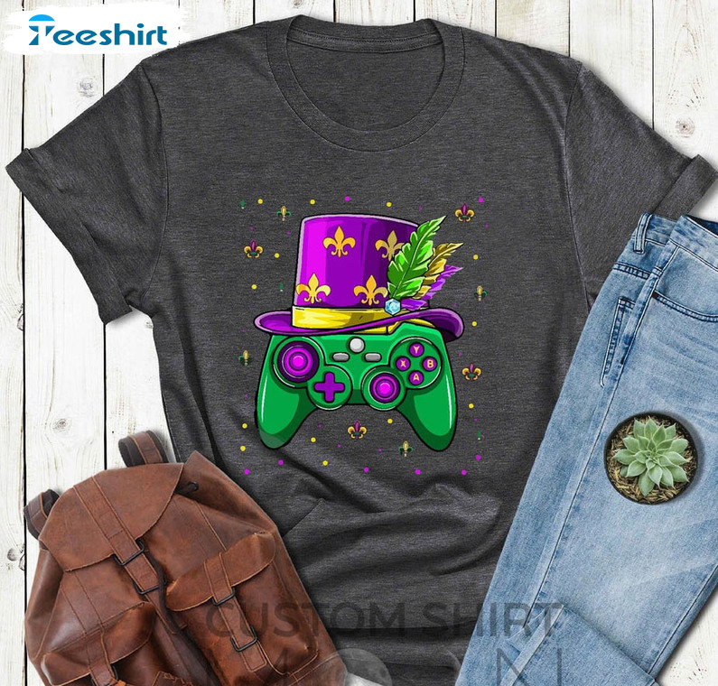 Video Game Controller Mardi Gras Trendy Shirt, Jester Hat Mardi Gras Long Sleeve Unisex T-shirt