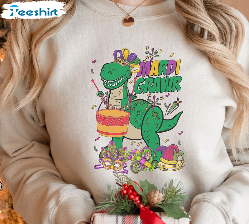 Dinosaur Mardi Gras Trendy Shirt, T Rex Mardi Gras Crewneck Short Sleeve