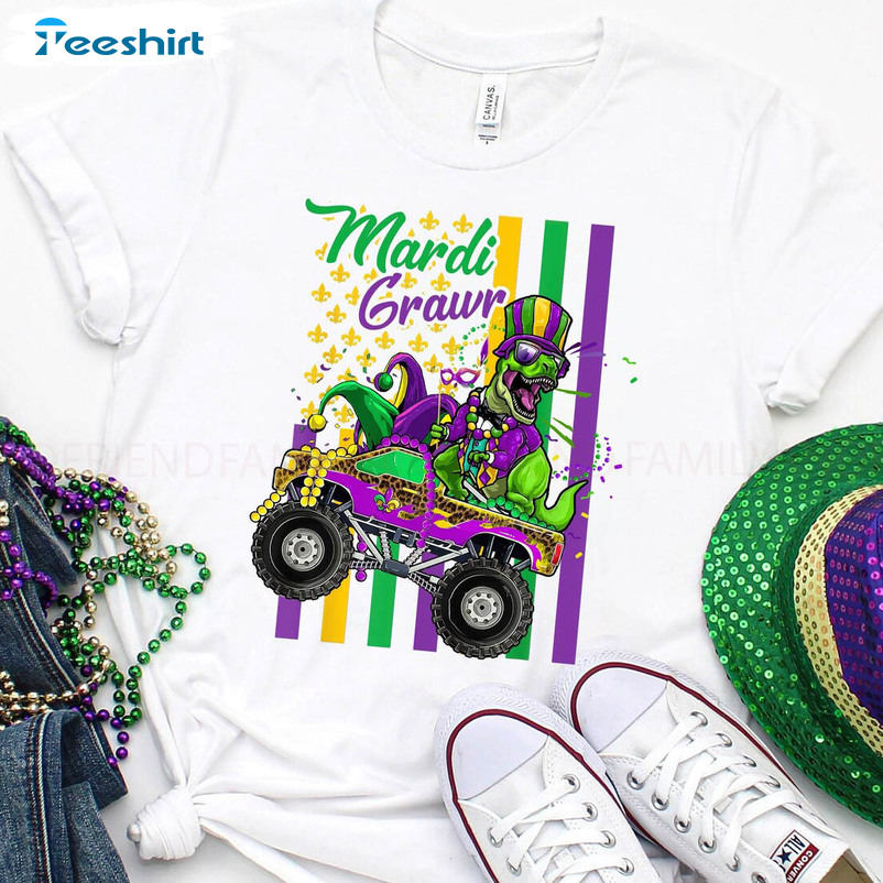 Mardi Grawr T Rex Shirt, Dinosaur Dino Mardi Gras Short Sleeve Long Sleeve