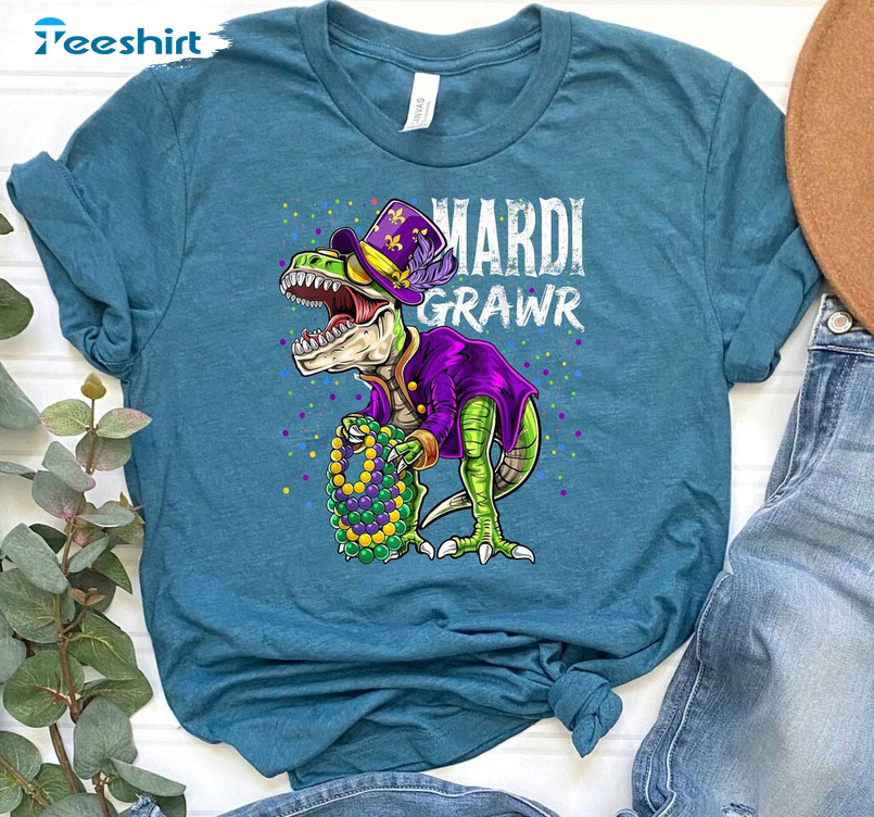 Mardi Grawr Dinosaur Shirt, New Orleans Crewneck Short Sleeve
