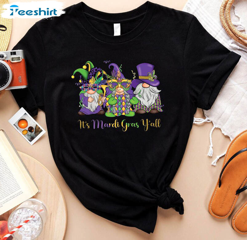 It's Mardi Gras Y'all Trendy Shirt, Carnival Parading With Gnomies Long Sleeve Unisex T-shirt