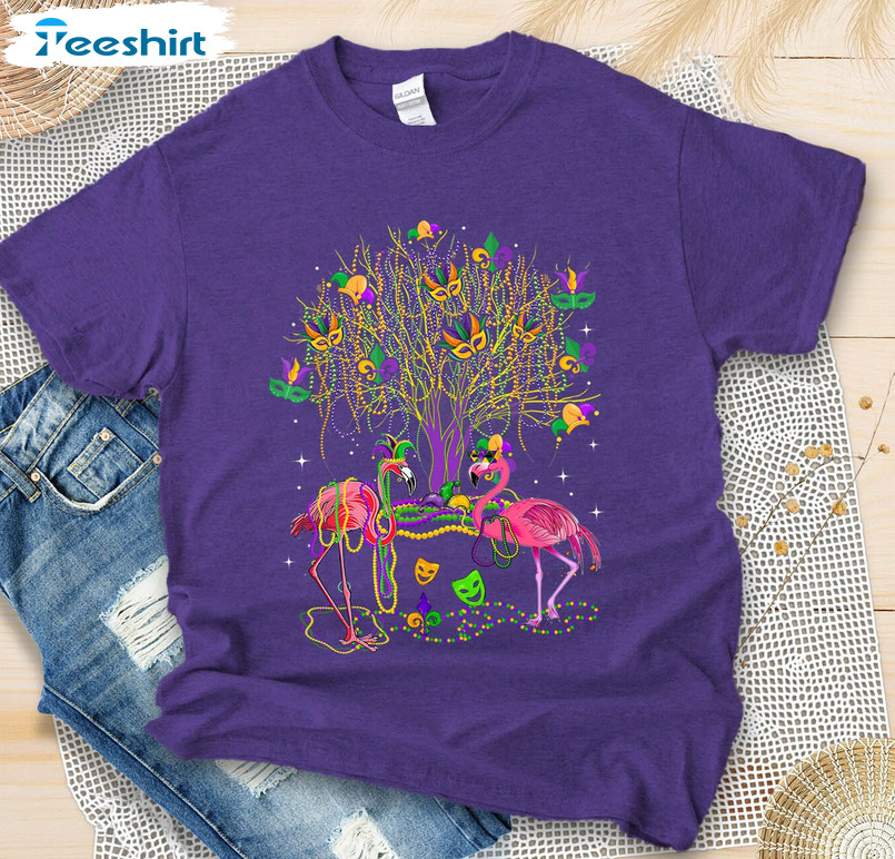 Flamingo Mardi Gras Funny Shirt, Trendy Beads Tree Crewneck Unisex T-shirt