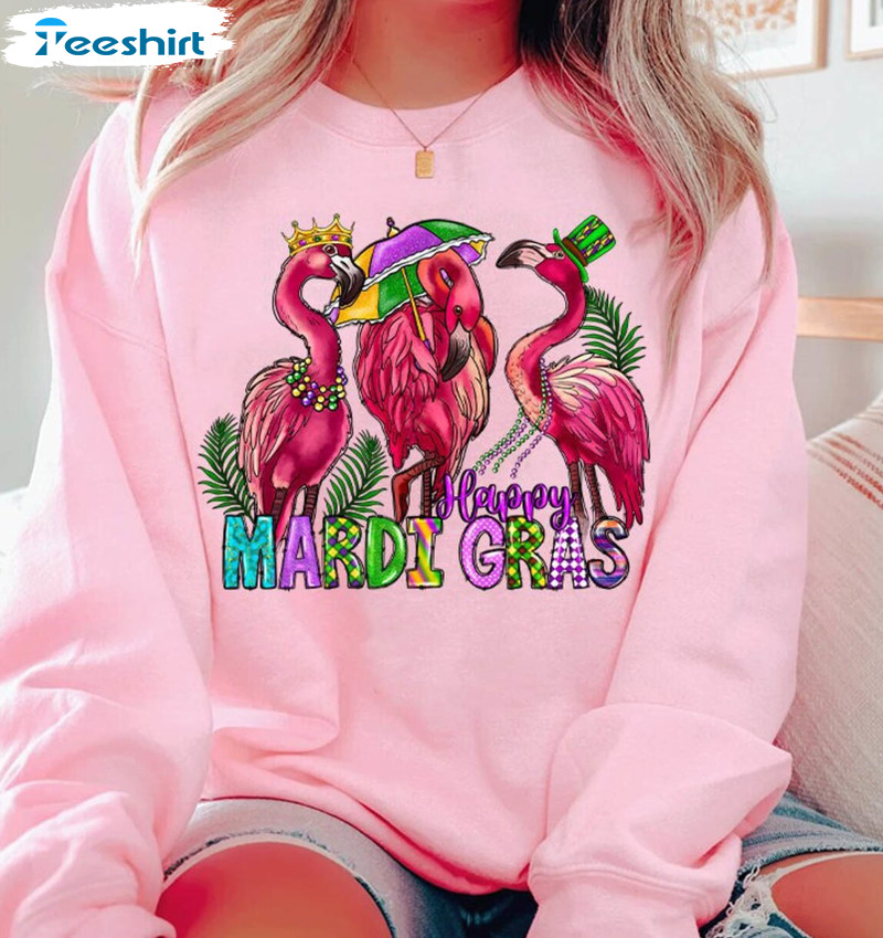 Happy Mardi Gras Flamingo Shirt, Flamingo Lovers Cute Tee Tops Unisex Hoodie