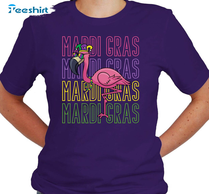 Mardi Gras Flamingo Cute Shirt, Mardi Gras Beads Fat Tuesday Unisex Hoodie Long Sleeve