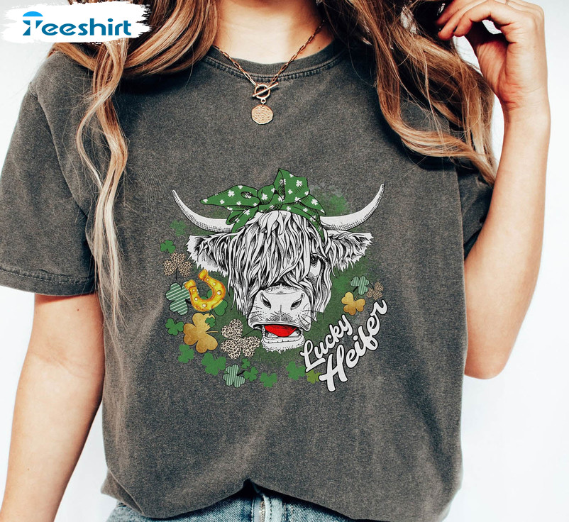 Lucky Heifer St Patrick's Day Shirt, Heifer Shamrocks Short Sleeve Crewneck