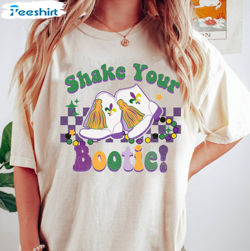 Shake Your Bootie Funny Shirt, Mardi Gras Boots Short Sleeve Long Sleeve