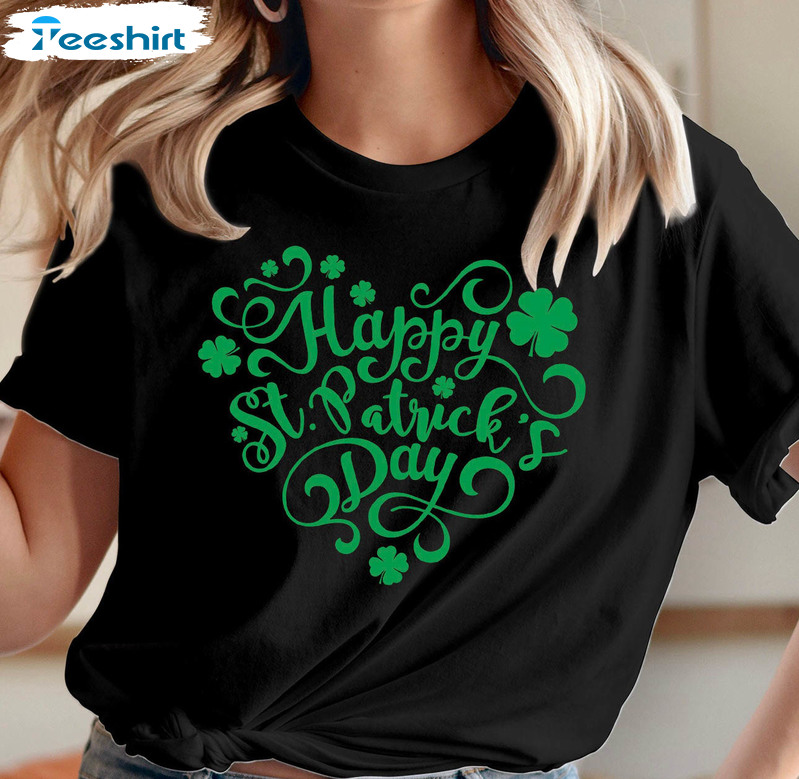 Saint Patrick's Day Heart Shirt, Paddys Irish Lucky Shamrock Leaf Unisex T-shirt Short Sleeve