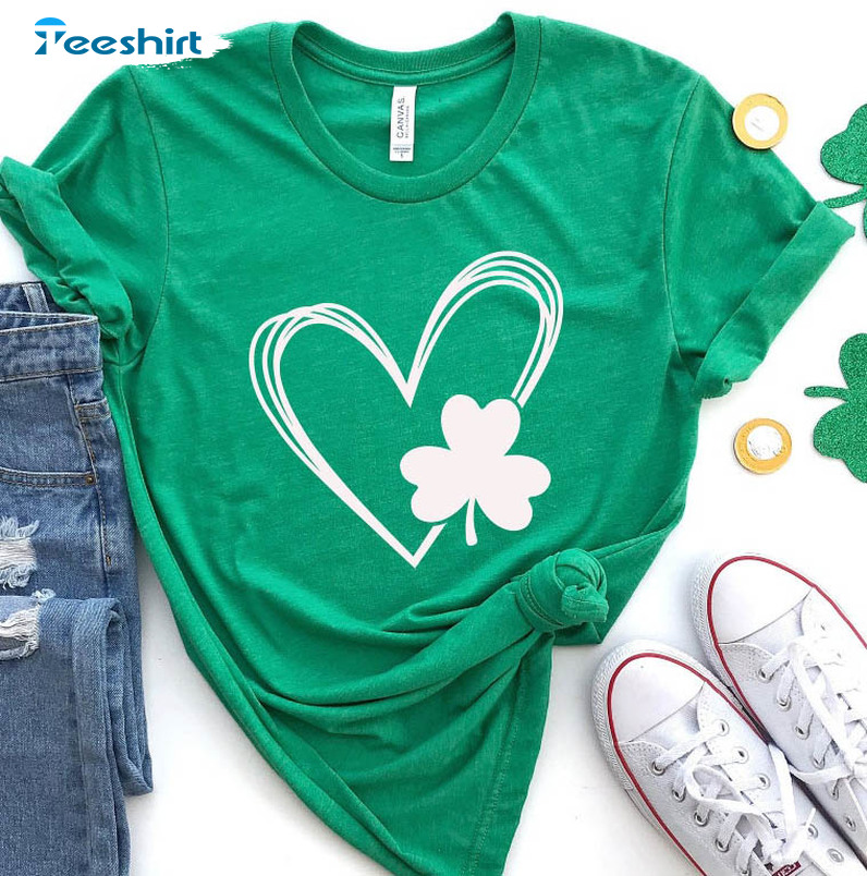 Saint Patricks Day Heart Shirt, Shamrock Lucky Unisex Hoodie Long Sleeve