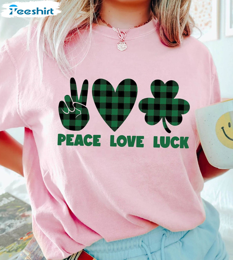 3 Peace Love Luck Buffalo Plaid Shirt , Lucky St Patricks Day Tee Tops Unisex T-shirt