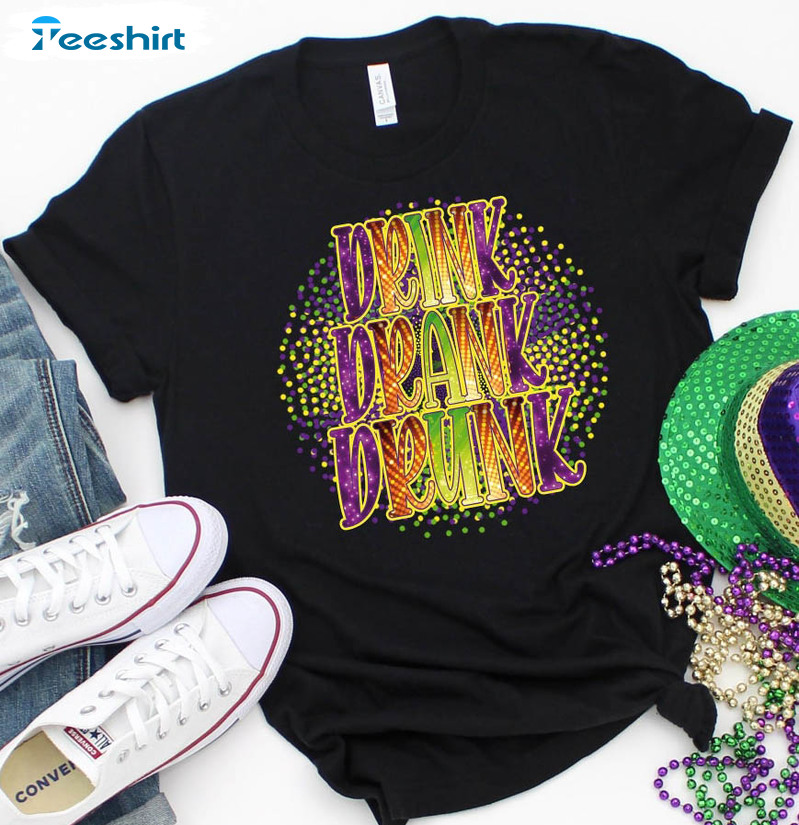 Drink Drank Drunk Trendy Shirt, Watercolor Mardi Gras Bead Unisex Hoodie Crewneck