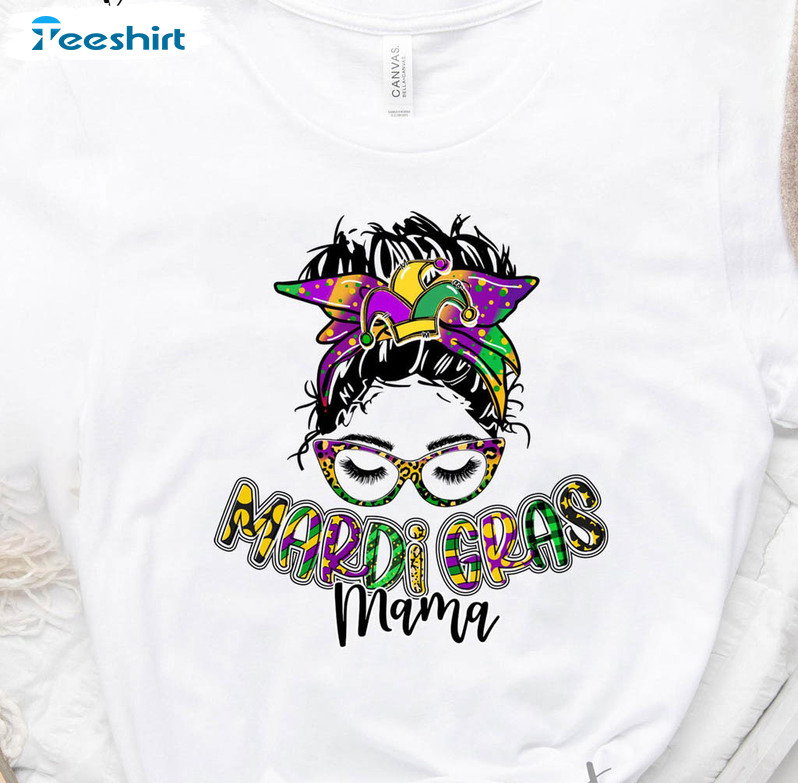 Mardi Gras Mama Funny Shirt, Leopard Messy Bun Long Sleeve Unisex T-shirt