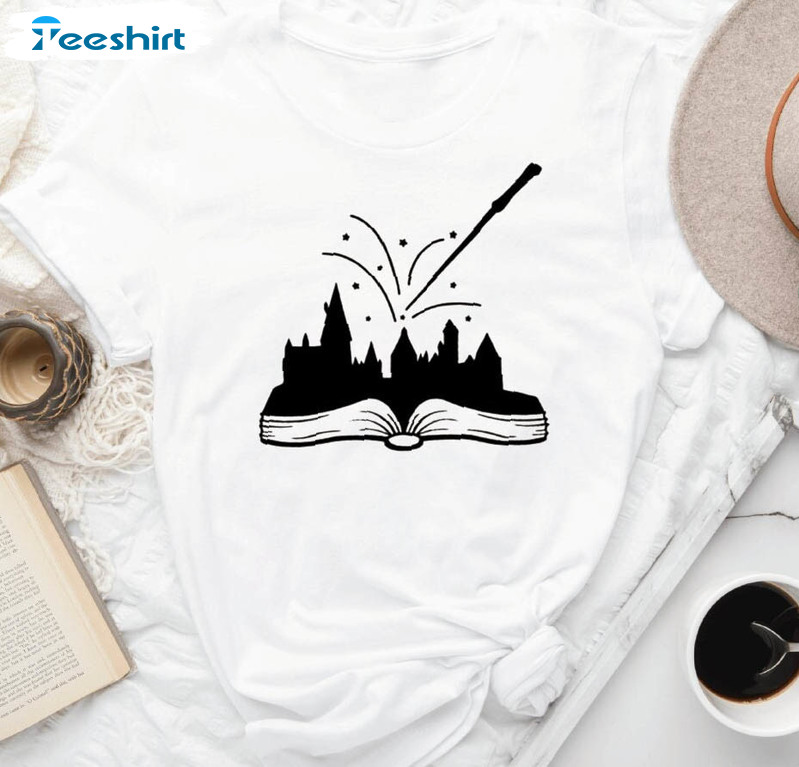 Wizard Book Shirt, Castle Skyline Crewneck Unisex T-shirt