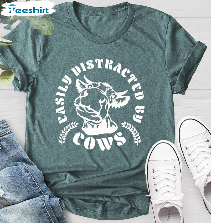 Easily Distracted By Cows Shirt , Funny Cow Cute Farming Long Sleeve Tee Tops