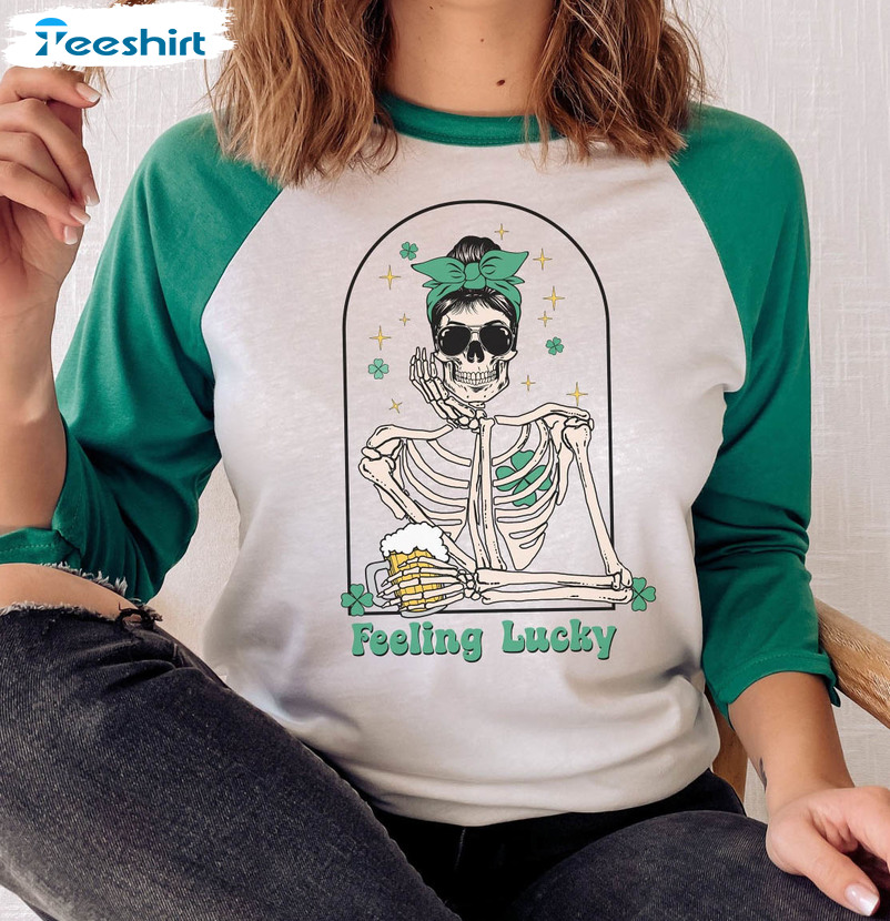 Feeling Lucky Skeleton Funny Shirt, St Patricks Day Long Sleeve Unisex Hoodie