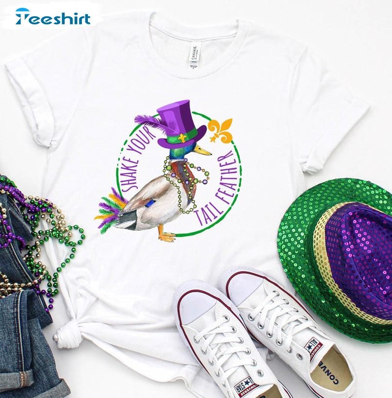 Shake Your Tail Feather Cute Shirt, Mardi Gras Duck Crewneck Sweatshirt