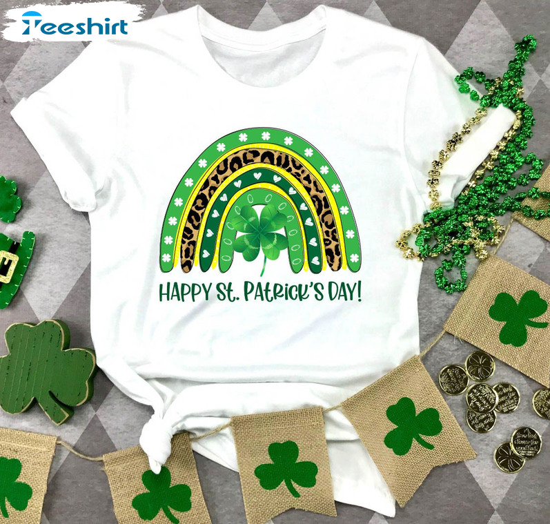 Happy St Patricks Day Rainbow Shirt, Shamrock Leopard Short Sleeve Tee Tops