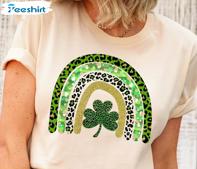 Shamrock Leopard Rainbow Cute Shirt, Vintage St Patricks Day Unisex Hoodie Sweater