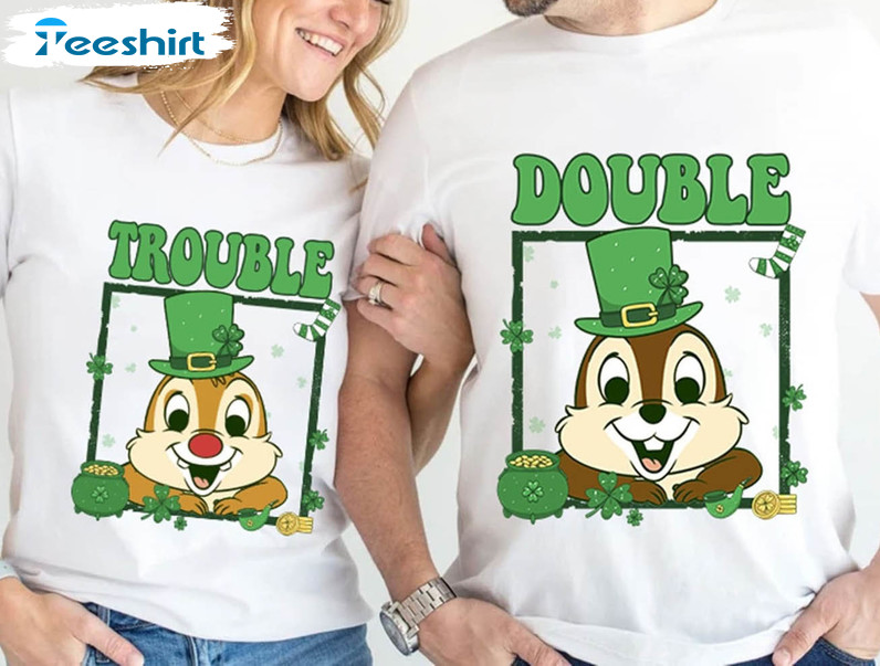 St. Patrick's Day Double Trouble Cute Shirt, Chip And Dale Shamrock Disney Long Sleeve Tee Tops