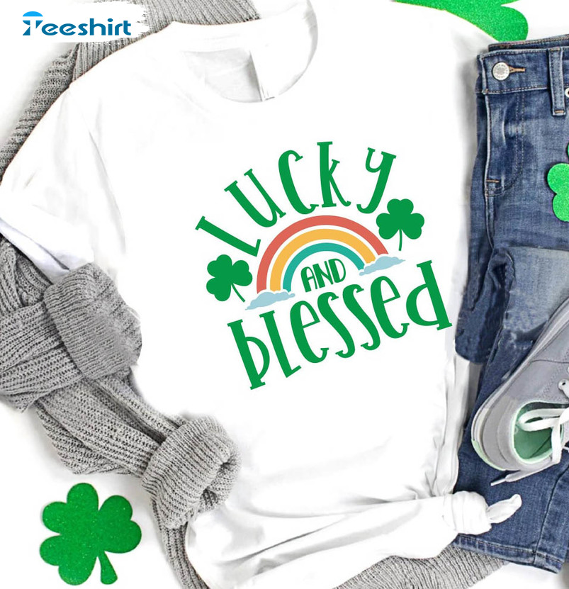 Lucky And Blessed St Patrick Day Shirt, Rainbow Funny Tee Tops Short Sleeve