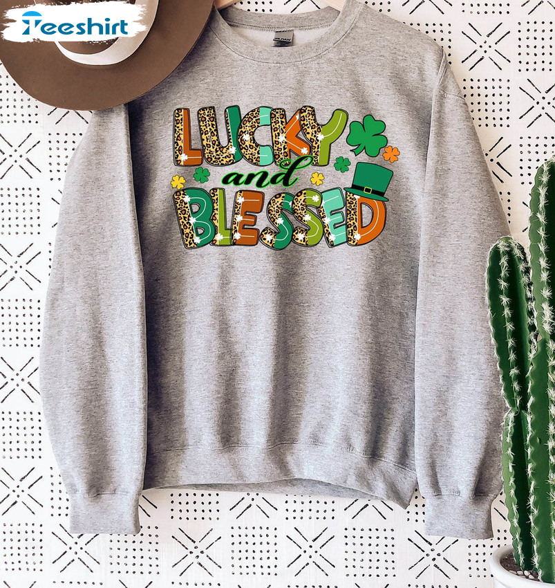 Lucky And Blessed Retro Shirt , St Patricks Day Crewneck Short Sleeve