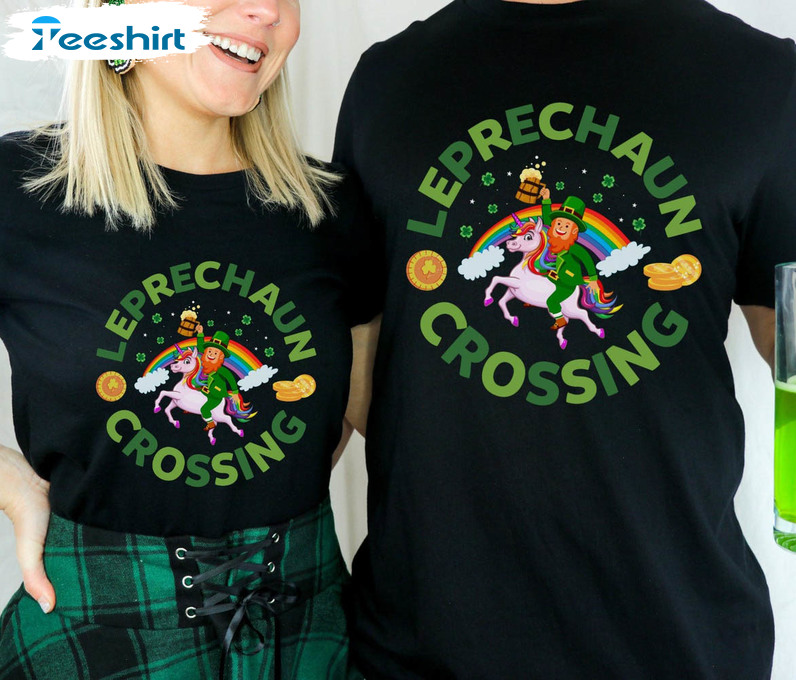 Leprechaun St Patricks Day Shirt, Leprechaun Crossing Rainbow Short Sleeve Long Sleeve