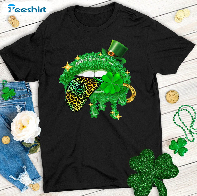 St Patricks Day Lips Shirt, Shamrock Lips Tongue Tee Tops Short Sleeve