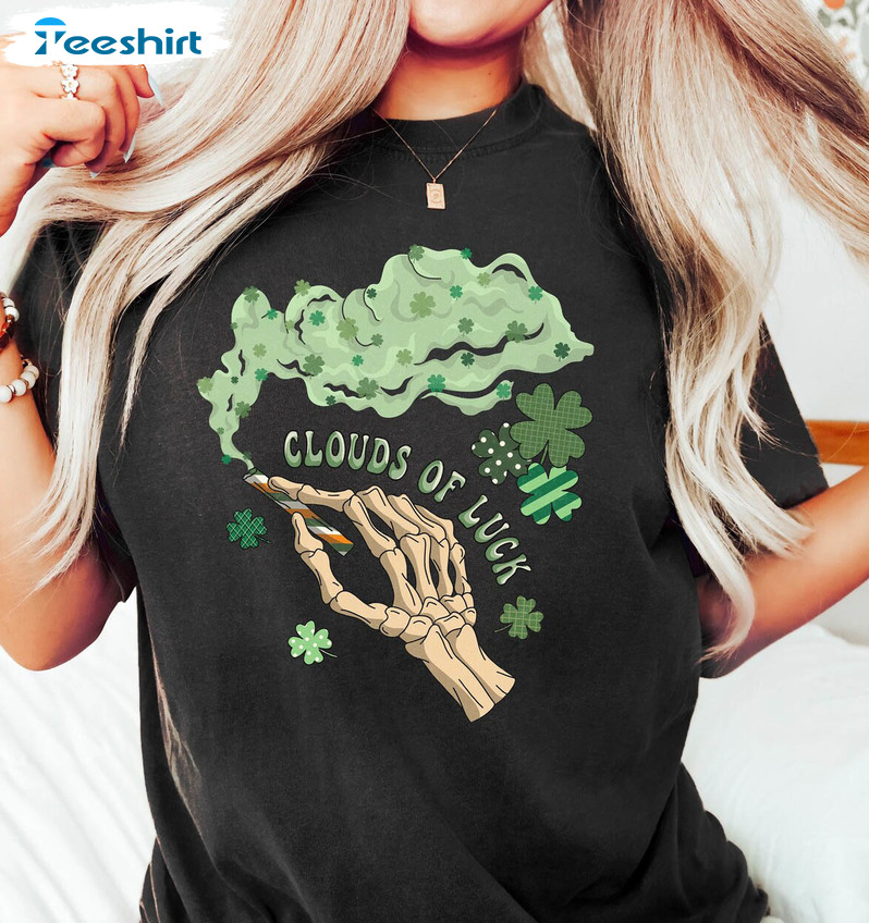 Clouds Of Luck Shirt, Skeleton St Patricks Day Long Sleeve Unisex Hoodie