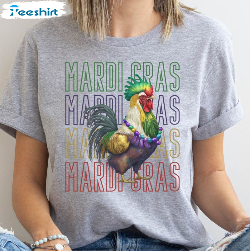 Mardi Gras Beads Chicken Shirt, Mardi Gras Party Fat Tuesday Long Sleeve Unisex T-shirt