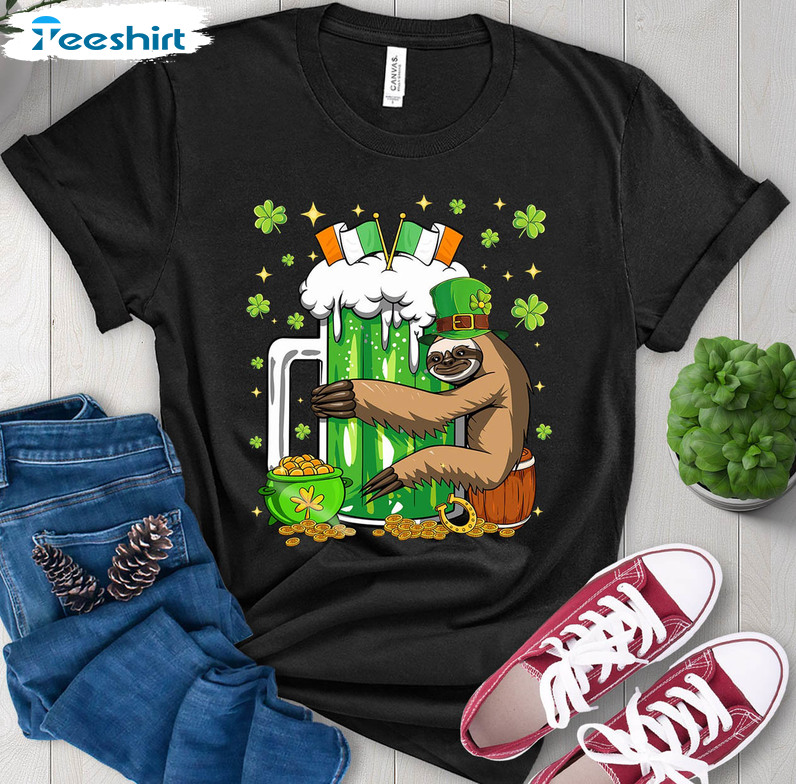 Happy St Patricks Day Sloth Shirt , Drinking Beer Lucky Sloth Unisex Hoodie Long Sleeve