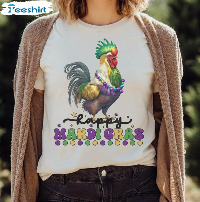 Mardi Gras Rooster Funny Shirt, Trendy Happy Mardi Gras Crewneck Unisex T-shirt