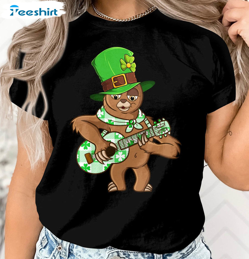 Funny St Patricks Sloth With Guitar Shirt, Funny St Patricks Day Long Sleeve Sweater