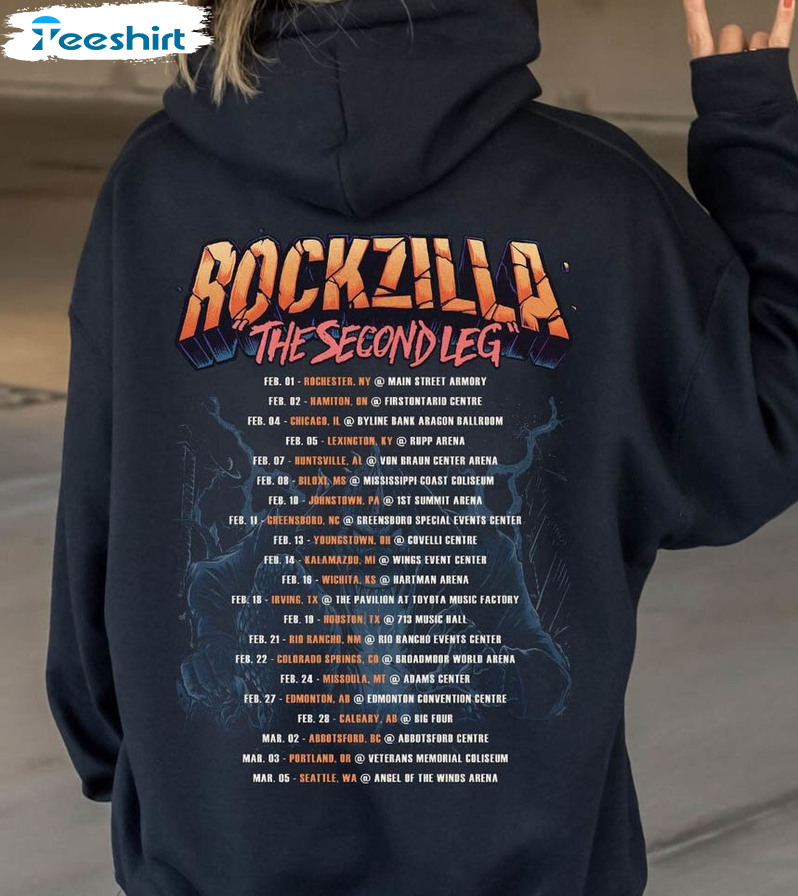 Rockzilla The Second Leg Tour Dates 2023 Shirt, Trendy Rockzilla 2023 Tour Long Sleeve Unisex Hoodie
