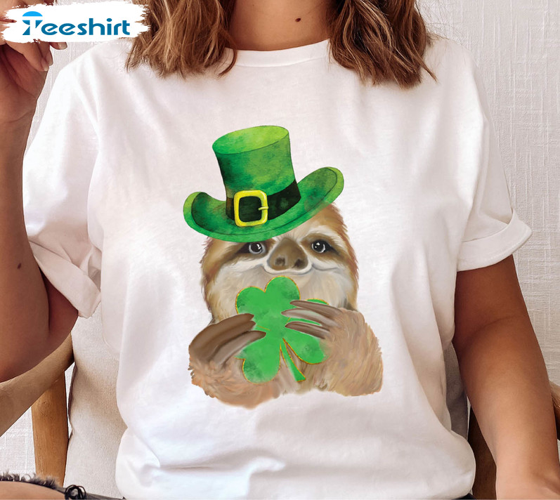 Sloth St Patricks Day Shirt, Shamrock Vintage Unisex Hoodie Long Sleeve