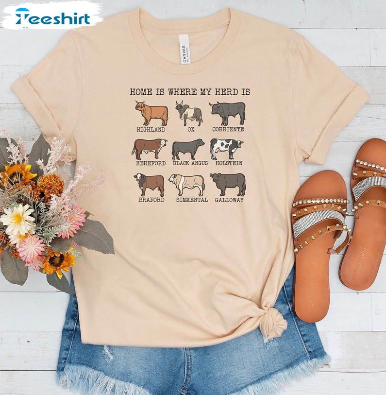 Country Farm Home Is Where My Herd Shirt, Trendy Cow Unisex Hoodie Short Sleeve