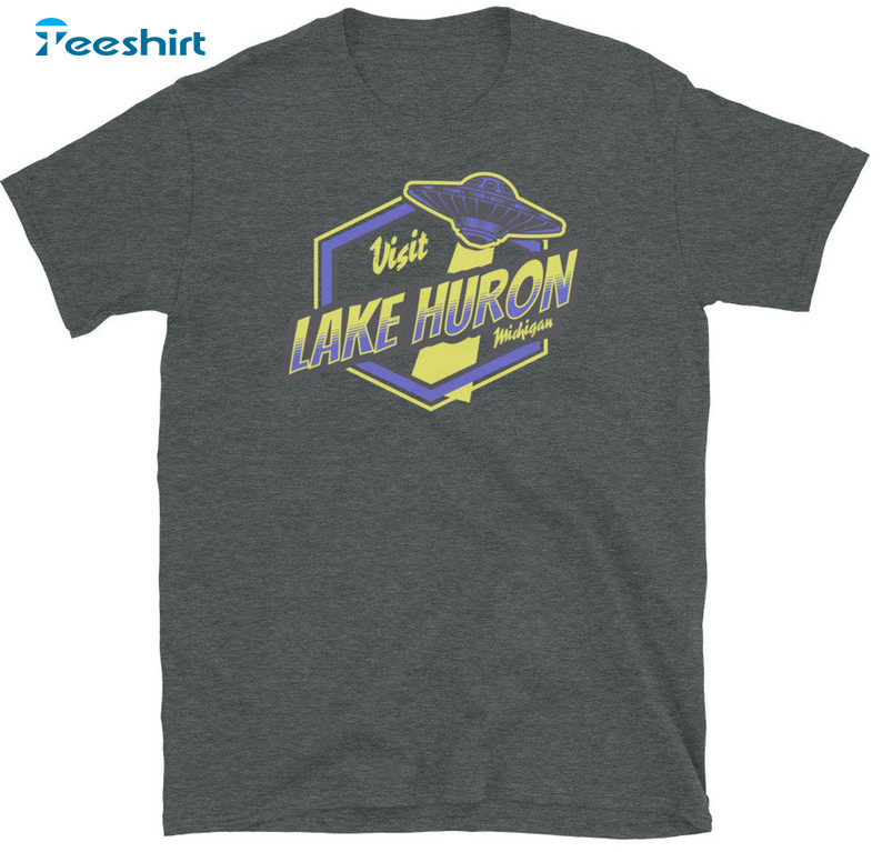 Visit Lake Huron Michigan Shirt, Trendy Lake Huron UFO Short Sleeve Unisex T-shirt