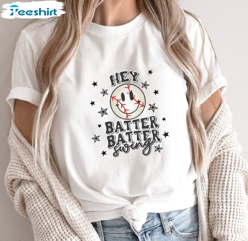 Hey Batter Batter Swing Funny Shirt, Baseball Smiley Face Long Sleeve Unisex T-shirt