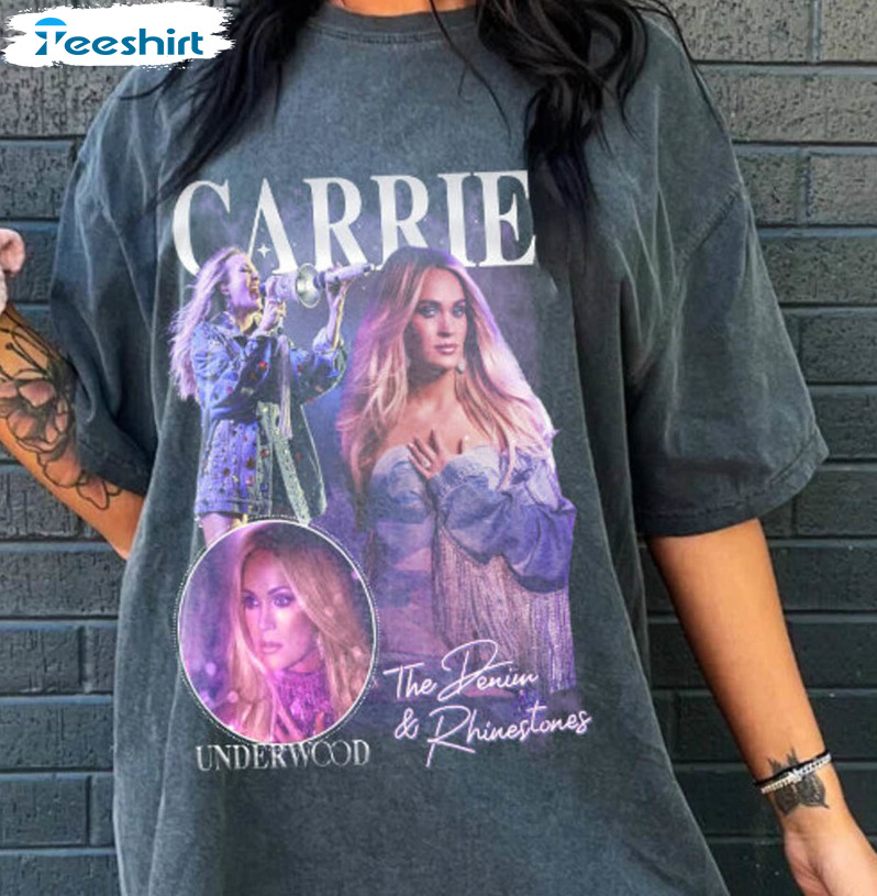 Carrie Underwood Denim And Rhinestones Shirt, Carrie Underwood Trendy Short Sleeve Crewneck