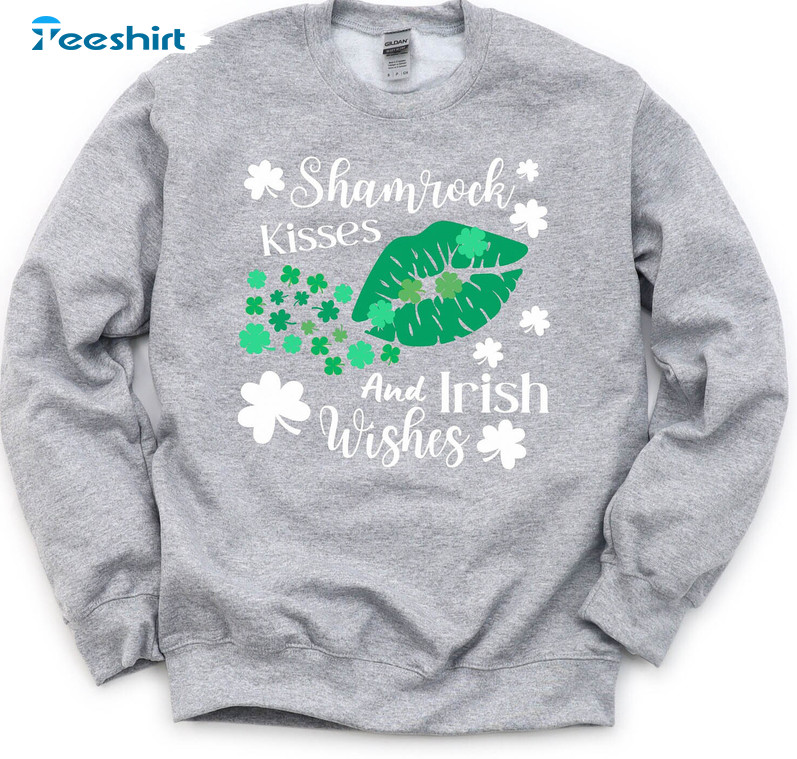 Irish Kisses Shamrock Wishes Sweatshirt, Happy Saint Patricks Day Unisex Hoodie Tee Tops