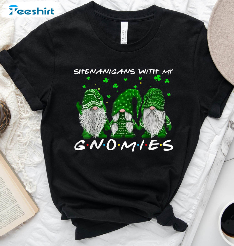 Shamrockin With My Gnomies Funny Shirt, St Patricks Day Gnomies Short Sleeve Crewneck