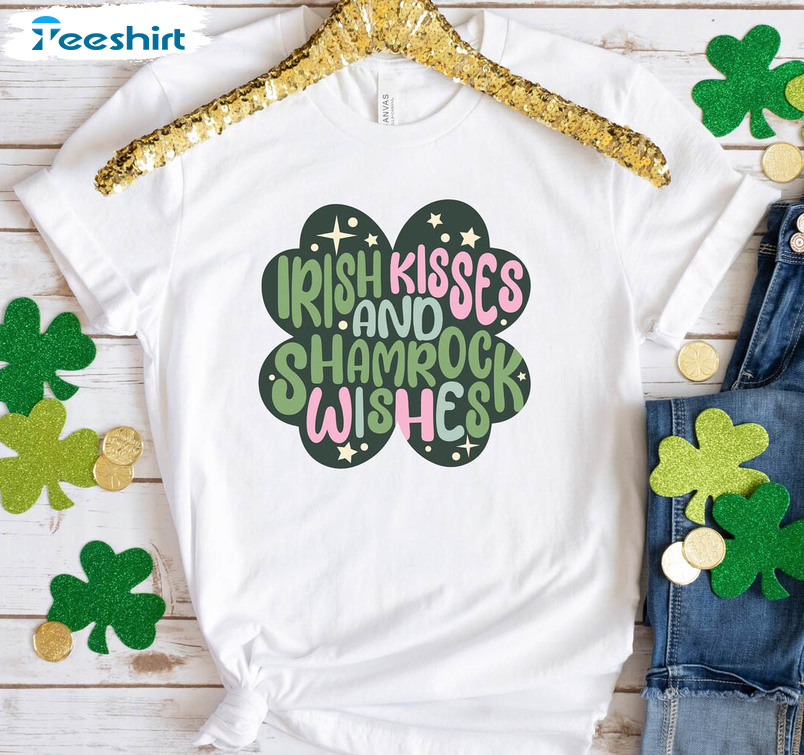 Irish Kisses And Shamrock Wishes Lucky Shirt, Vintage Patricks Day Unisex Hoodie Long Sleeve