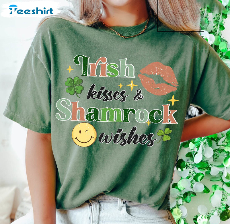 Irish Kisses Shamrock Wishes Shirt, Funny St Patricks Day Long Sleeve Tee Tops